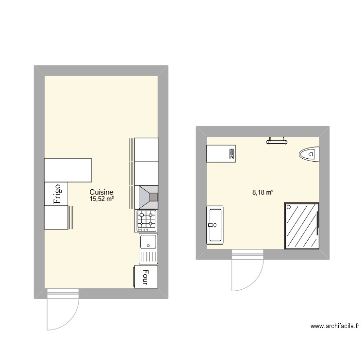 Cuisine Favrot. Plan de 2 pièces et 24 m2