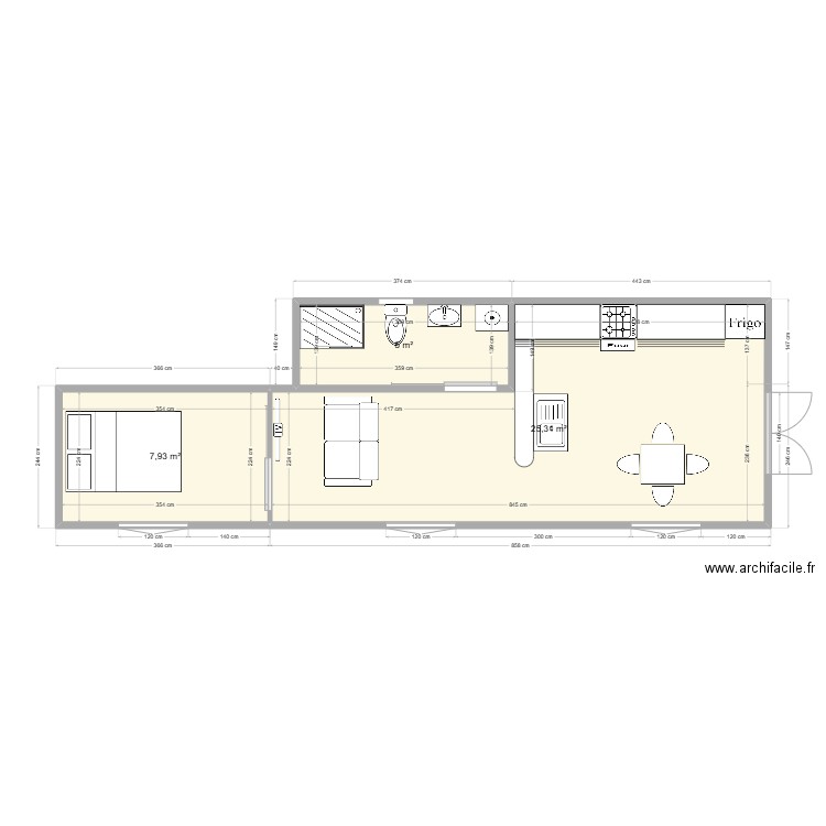 Maison conteneur F1 . Plan de 3 pièces et 38 m2