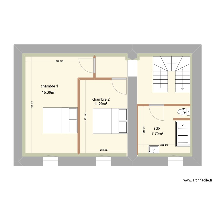 etage . Plan de 3 pièces et 44 m2