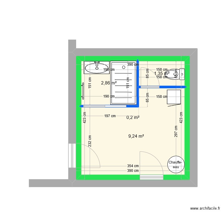 salle de bain 1. Plan de 4 pièces et 30 m2