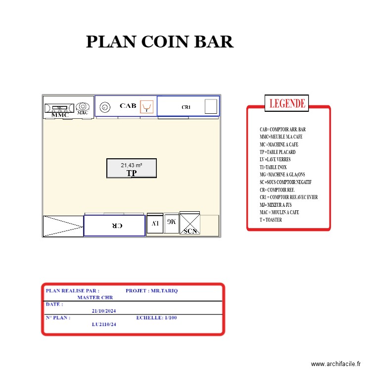 PLAN COIN BAR MR.TARIQ1. Plan de 1 pièce et 21 m2