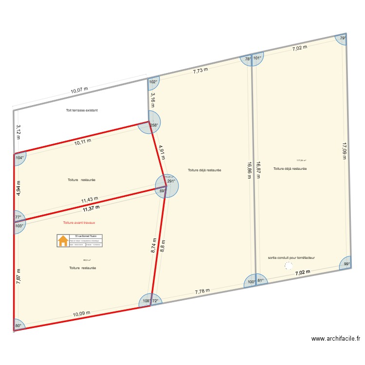 Plan détail de toiture après travaux. Plan de 3 pièces et 373 m2