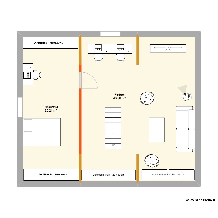 Combles Normandie. Plan de 2 pièces et 61 m2