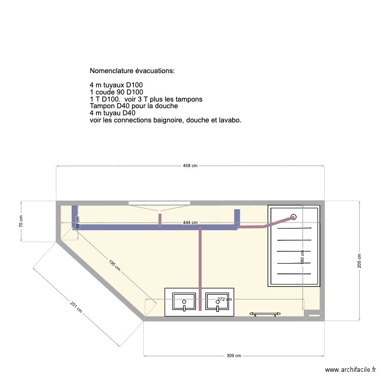 Salle de bain évacuations. Plan de 2 pièces et 8 m2