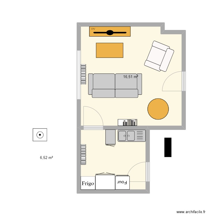 salon. Plan de 2 pièces et 23 m2