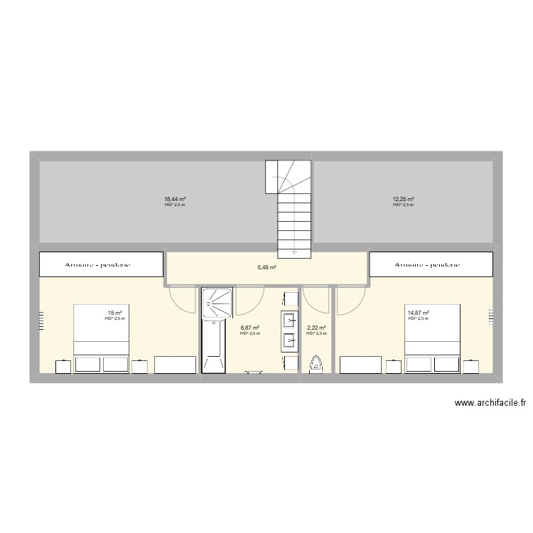 Etage. Plan de 7 pièces et 75 m2