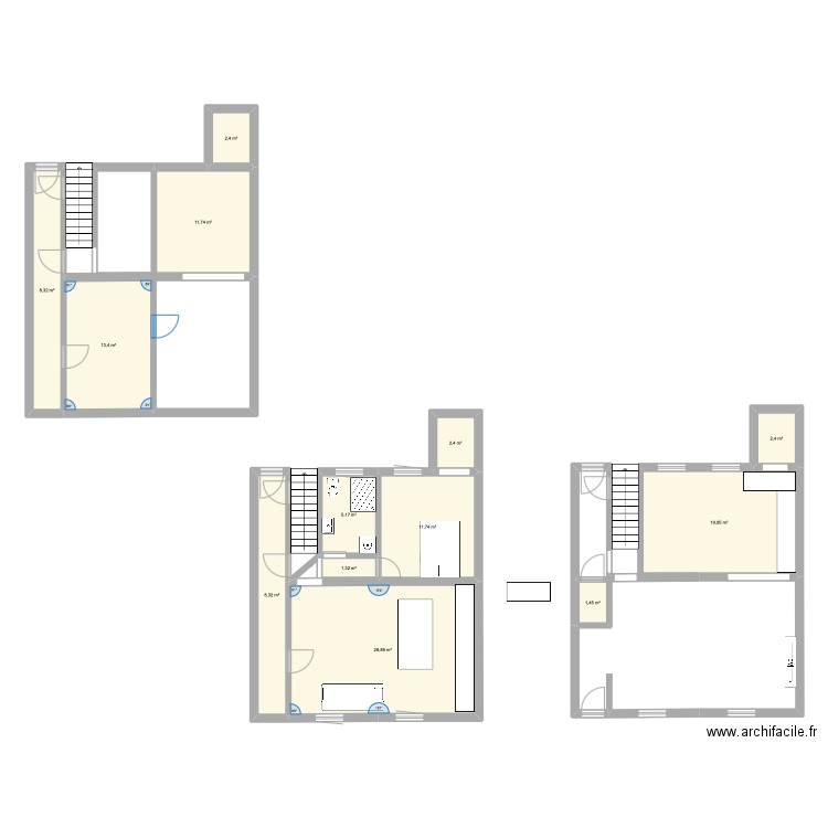 RDC brut. Plan de 13 pièces et 117 m2