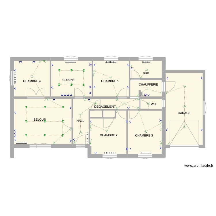 Habitation F5. Plan de 10 pièces et 104 m2