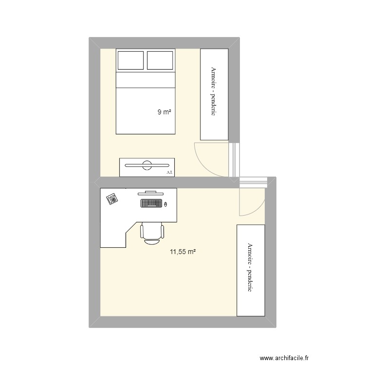 cha. Plan de 2 pièces et 21 m2