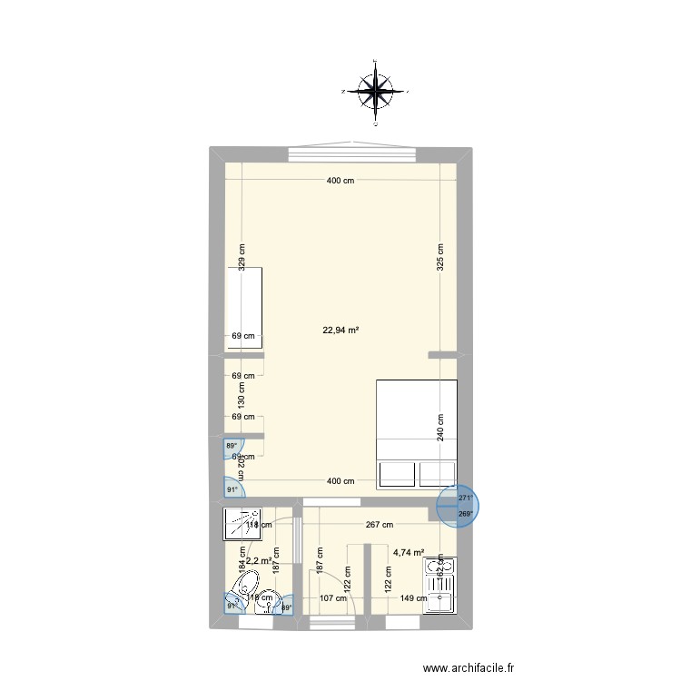 Caen Studette . Plan de 3 pièces et 30 m2