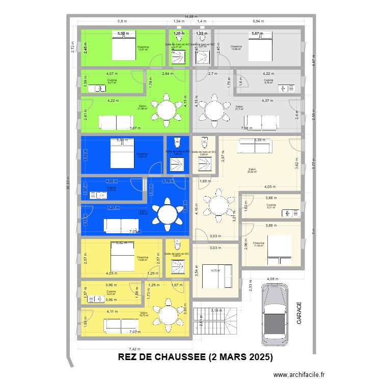 REZ DE CHAUSSEE 2 MARS 2025. Plan de 21 pièces et 240 m2