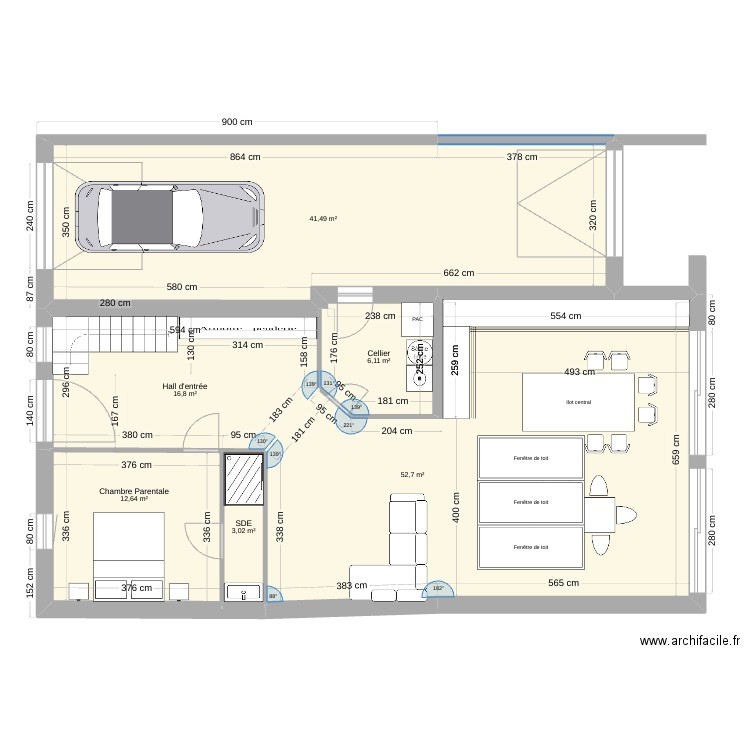 rdc-garage-traversant. Plan de 6 pièces et 133 m2