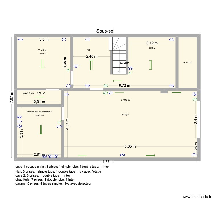 Sous SOL. Plan de 6 pièces et 88 m2