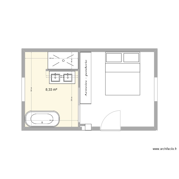 suite parentale. Plan de 1 pièce et 8 m2