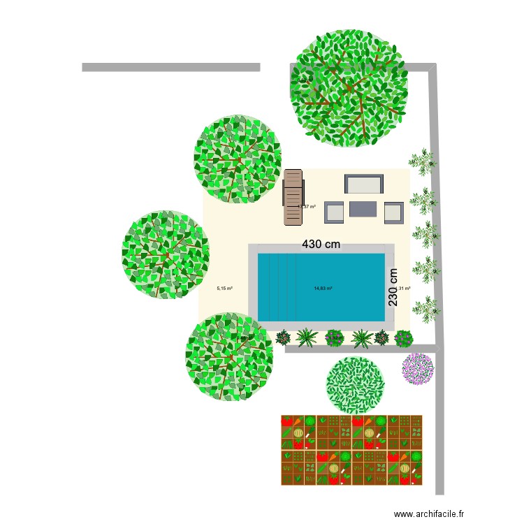 piscine perpendiculaire. Plan de 7 pièces et 41 m2