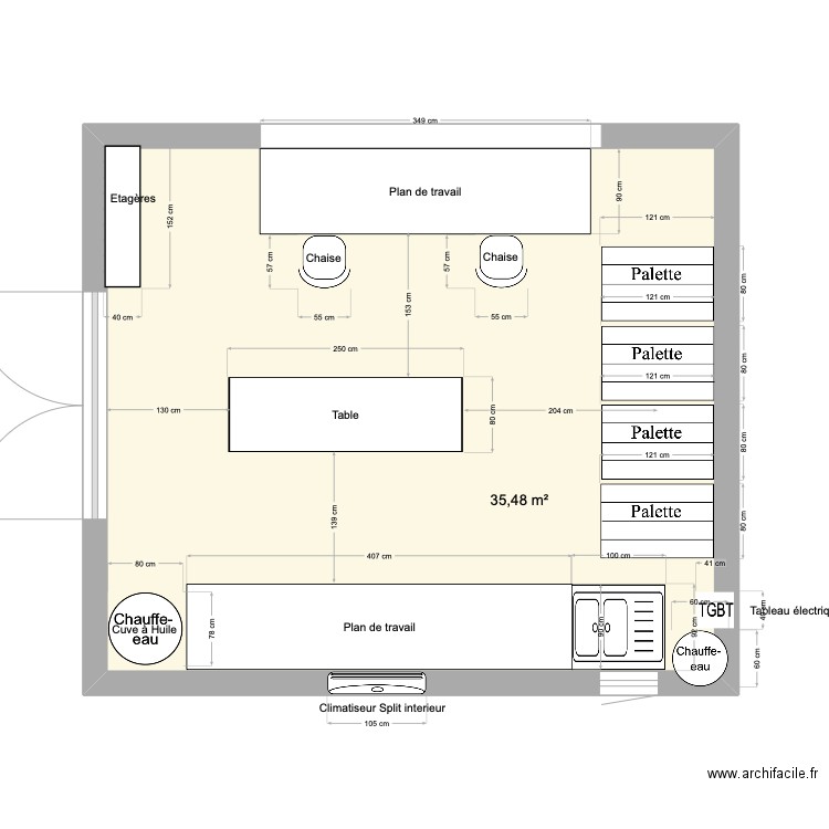 Atelier Olive. Plan de 1 pièce et 35 m2