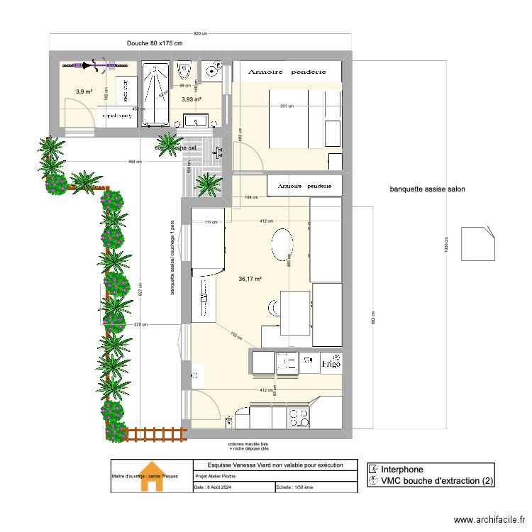 T2 Pioche / cuisine version 6. Plan de 3 pièces et 44 m2