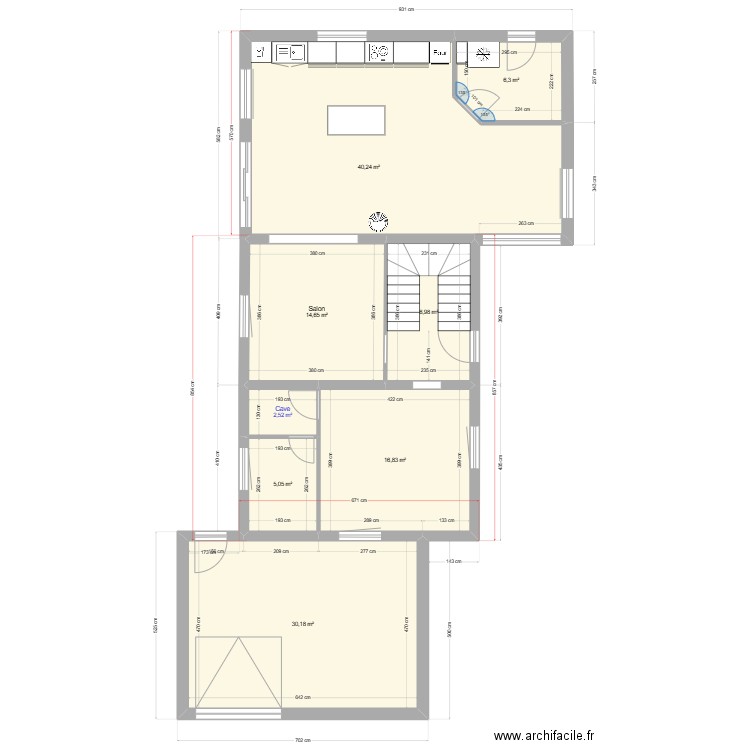 Troisgots implantation cuisine et menuiseries. Plan de 20 pièces et 226 m2