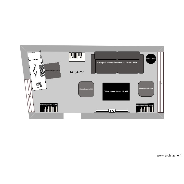 Salon. Plan de 1 pièce et 14 m2