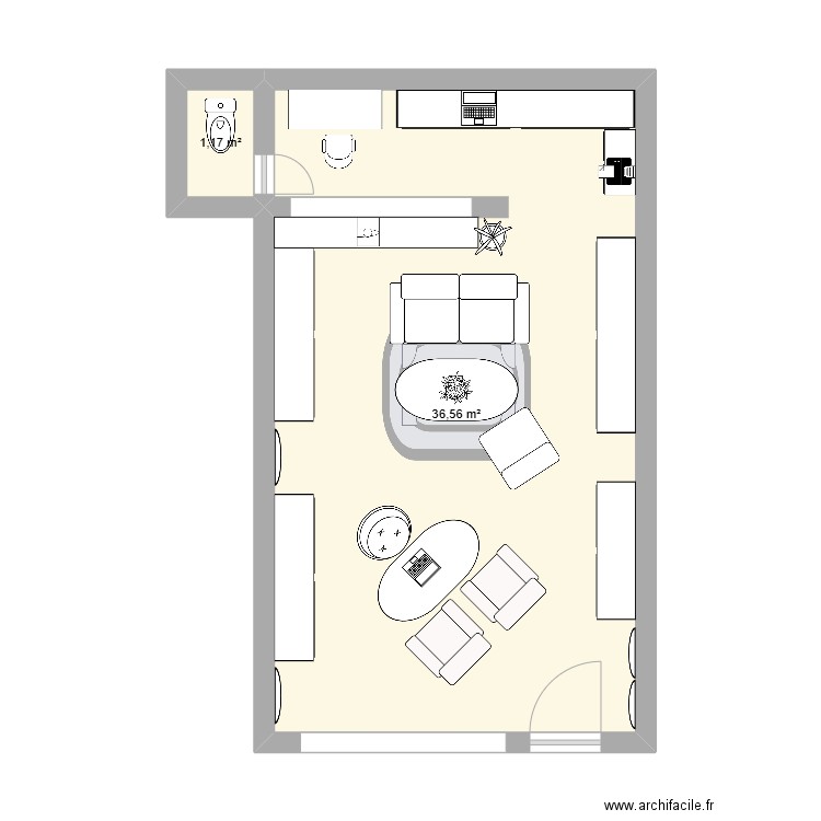 magasin. Plan de 2 pièces et 38 m2