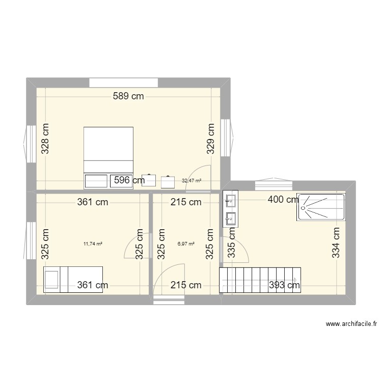 1er étage_étape 2. Plan de 3 pièces et 51 m2