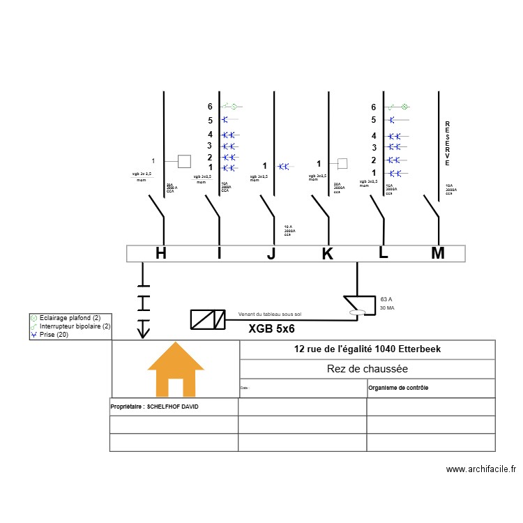 Schéma unifilaire Rez de chaussée. Plan de 4 pièces et 1 m2