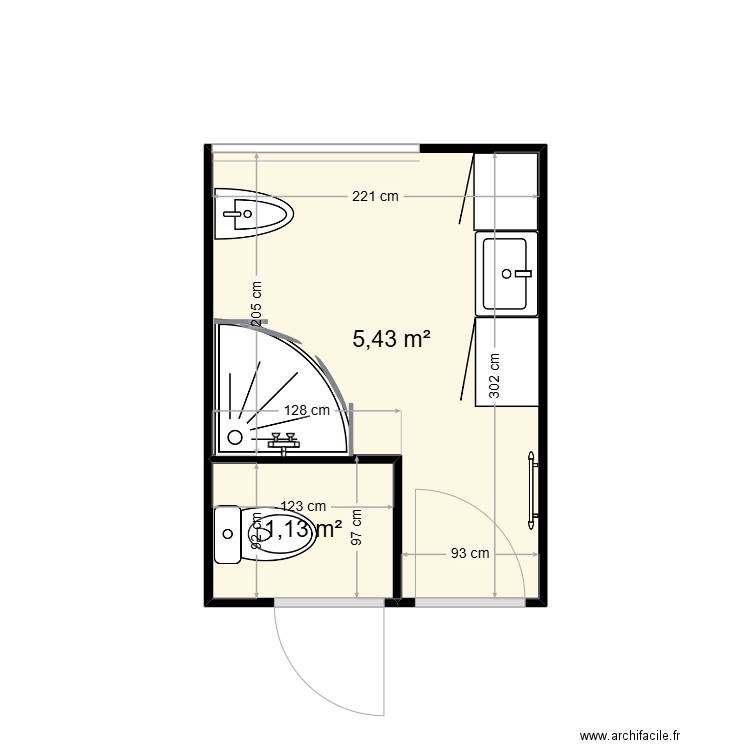 sdb. Plan de 2 pièces et 7 m2