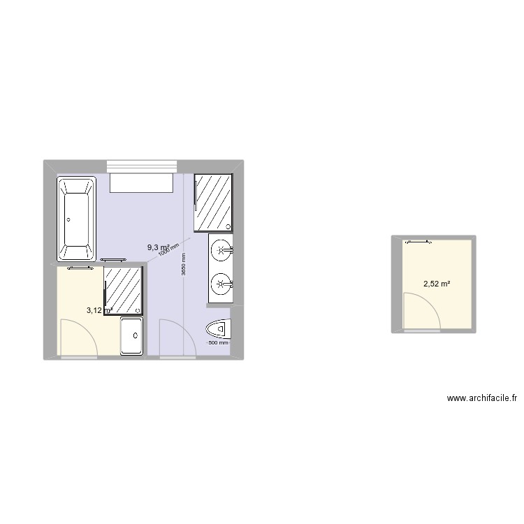 Salle de bain neoules + salle d eau parentale. Plan de 3 pièces et 15 m2