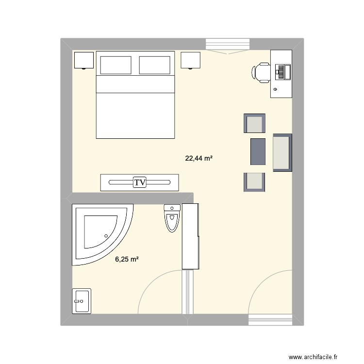 chambre double. Plan de 2 pièces et 29 m2