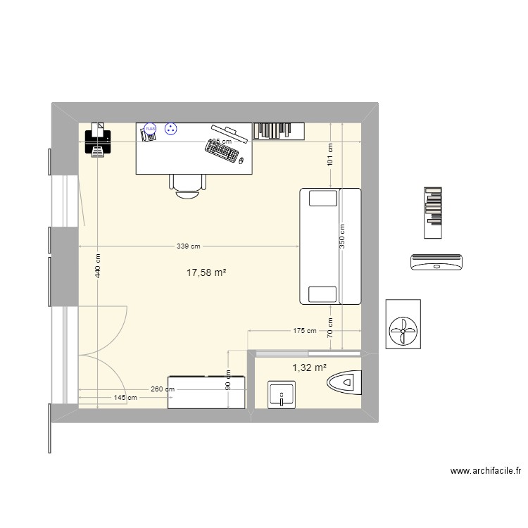 Bureau. Plan de 2 pièces et 19 m2