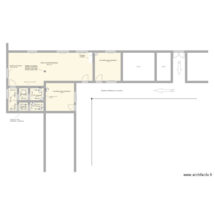 Hôpital Gihanga - Bâtiment transformé  pour service kiné . Plan de 10 pièces et 121 m2