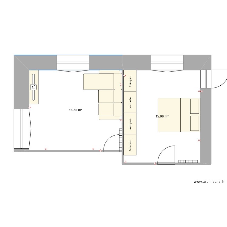 Rosendal_salon_chambre. Plan de 2 pièces et 32 m2