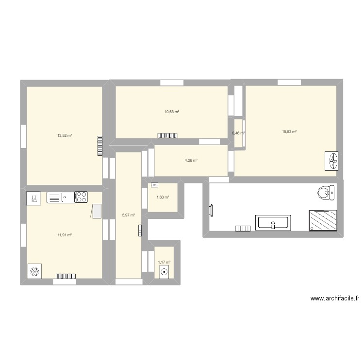 log rdc . Plan de 9 pièces et 65 m2