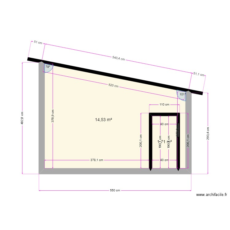 restaurant coupe côté. Plan de 2 pièces et 16 m2