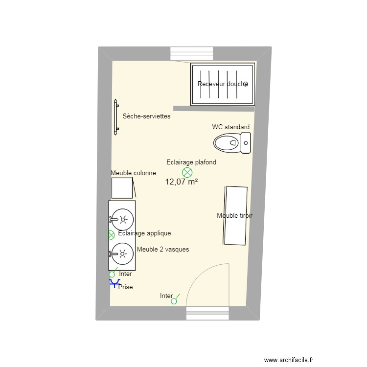 SDB . Plan de 1 pièce et 12 m2