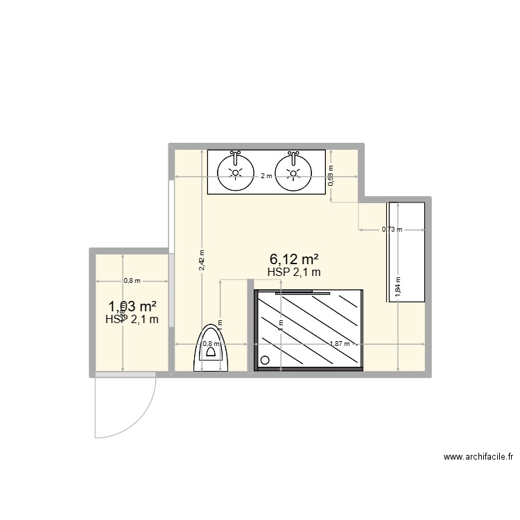 salle de bain. Plan de 2 pièces et 7 m2