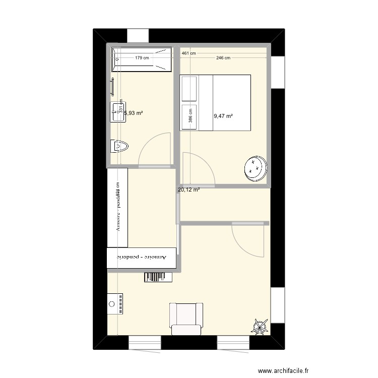 Extension . Plan de 3 pièces et 53 m2