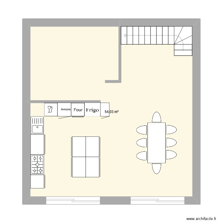 Cuisine V3. Plan de 1 pièce et 54 m2