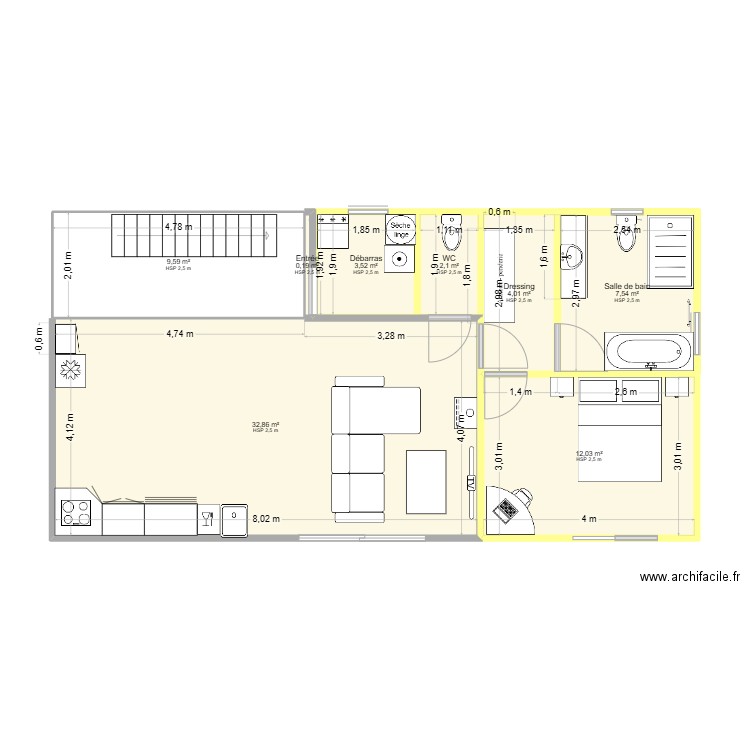 Maison Carole. Plan de 8 pièces et 72 m2