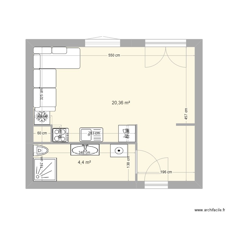 Saint Pierre. Plan de 2 pièces et 25 m2