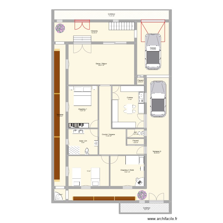 chatt. Plan de 17 pièces et 212 m2