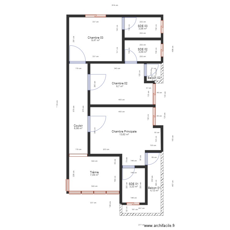 Plan Distribution Bobenda R1. Plan de 10 pièces et 61 m2