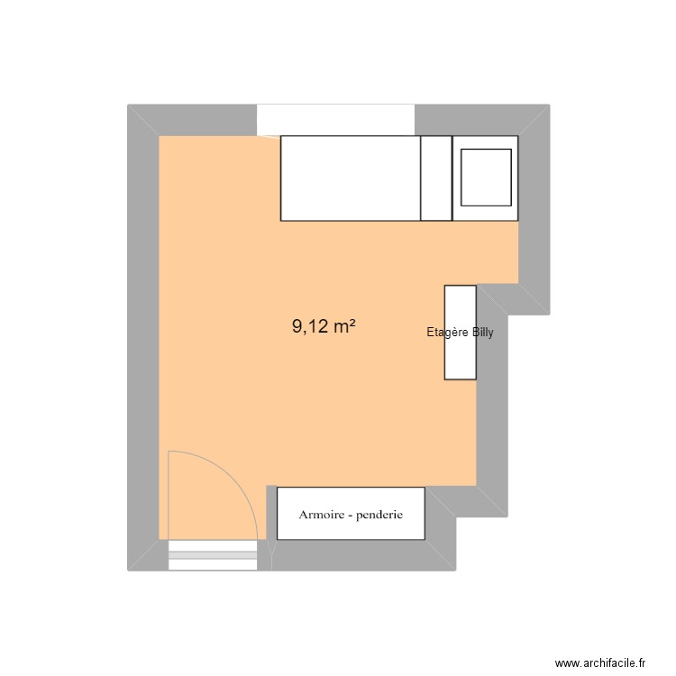 chambre. Plan de 1 pièce et 9 m2