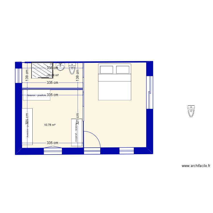 chambre parentale. Plan de 2 pièces et 15 m2