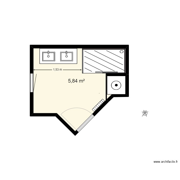 salle de bains dche rectangulaire v4. Plan de 1 pièce et 6 m2