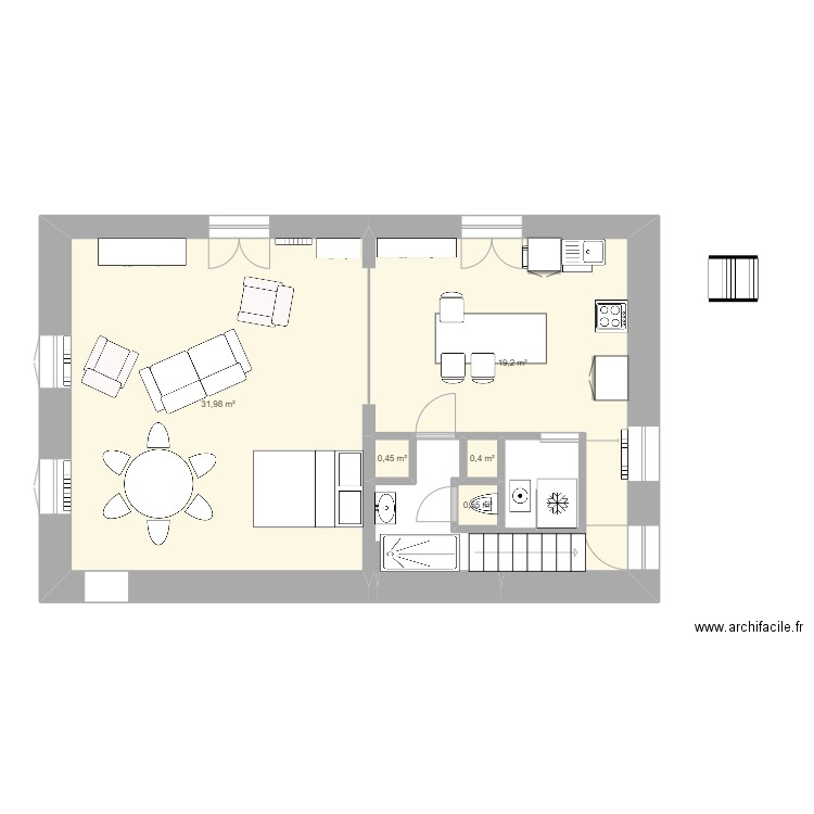 rdc bons. Plan de 5 pièces et 53 m2