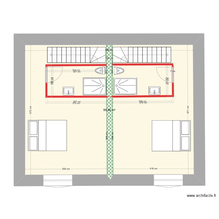 Plan étage avec deux escaliers quart tournants. Plan de 1 pièce et 55 m2