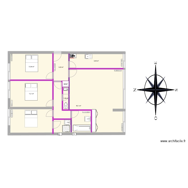 appartement barthou. Plan de 7 pièces et 104 m2