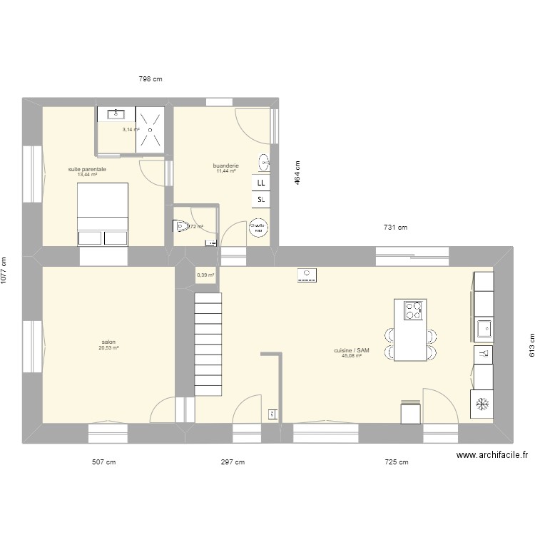 réno ferme cuisine à droite. Plan de 7 pièces et 96 m2