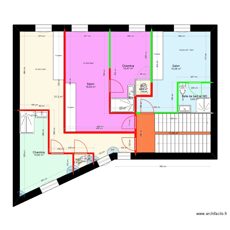 Liberté étage 2 V1. Plan de 9 pièces et 93 m2